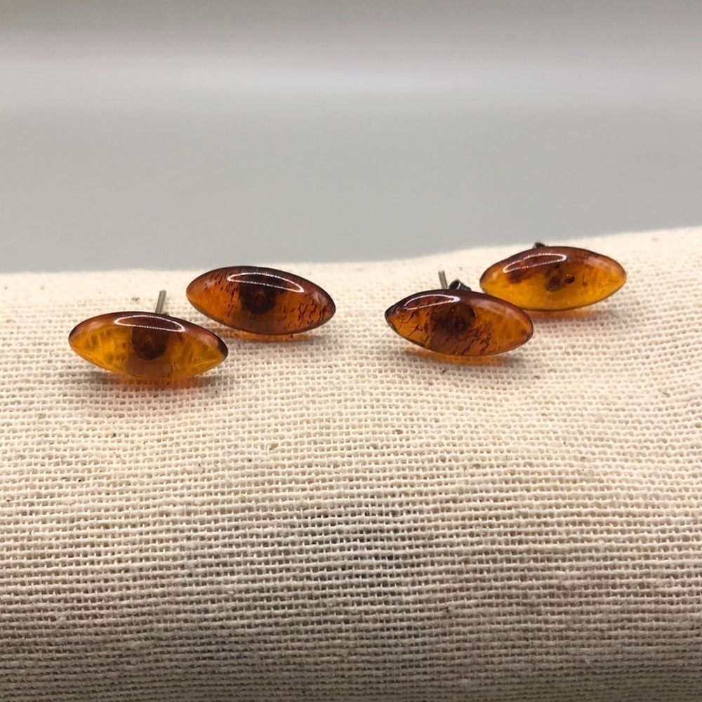 Sterling silver 925 artisan amber earrings elongated oval post stud ONE PAIR